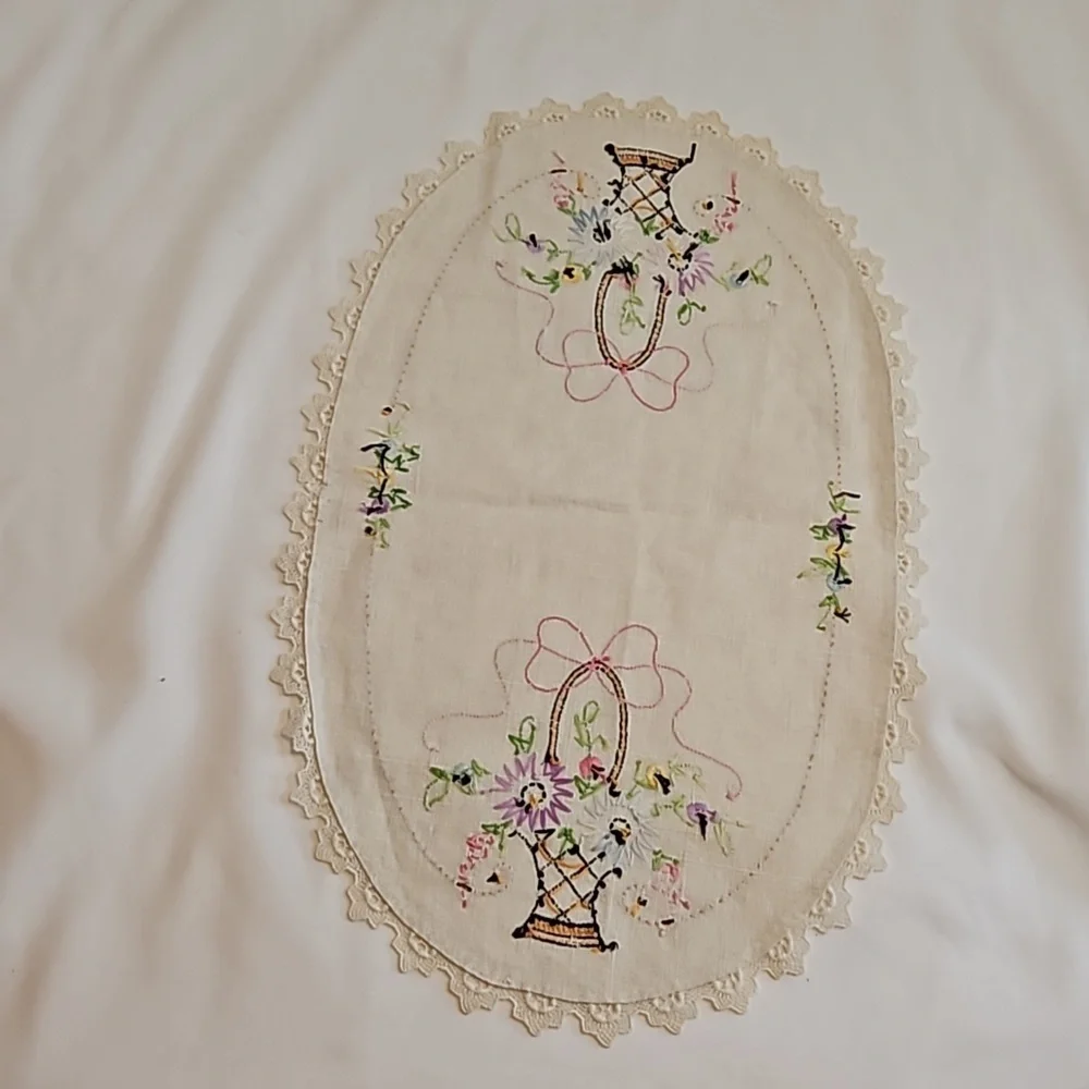 Vintage Hand Stitched Needlepoint Doily Oval Floral